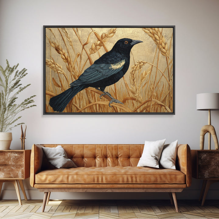Blackbird on Gold Wheat Field Canvas Print, Bird Art, Modern Art, Living Room Decor, Abstract Art, Flight, Floral Art, BIR-3x2-52