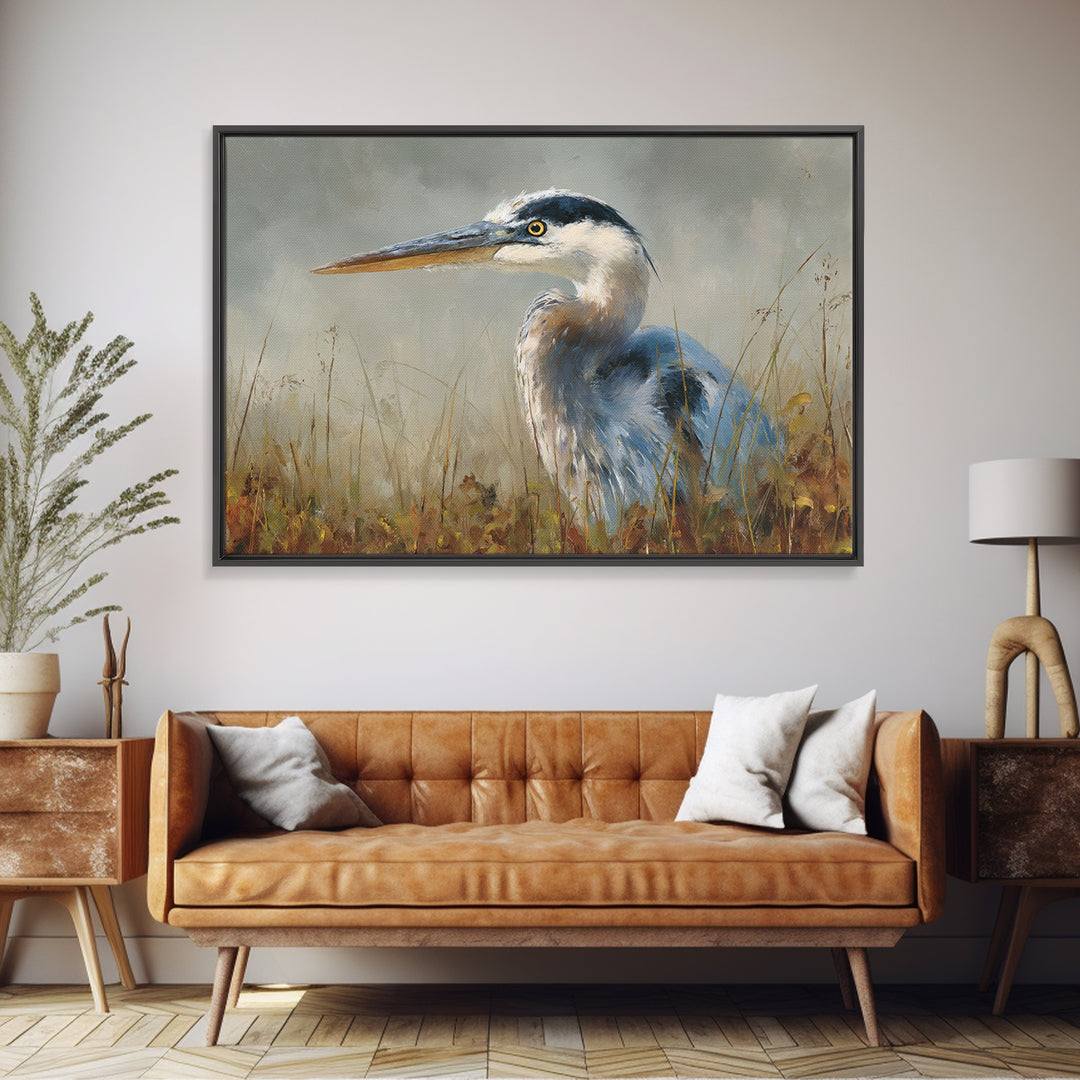 Blue Heron in Misty Marsh Grass Canvas Print, Bird Art, Modern Art, Living Room Decor, Flight, Floral Art, Forest Wall Art, BIR-3x2-54