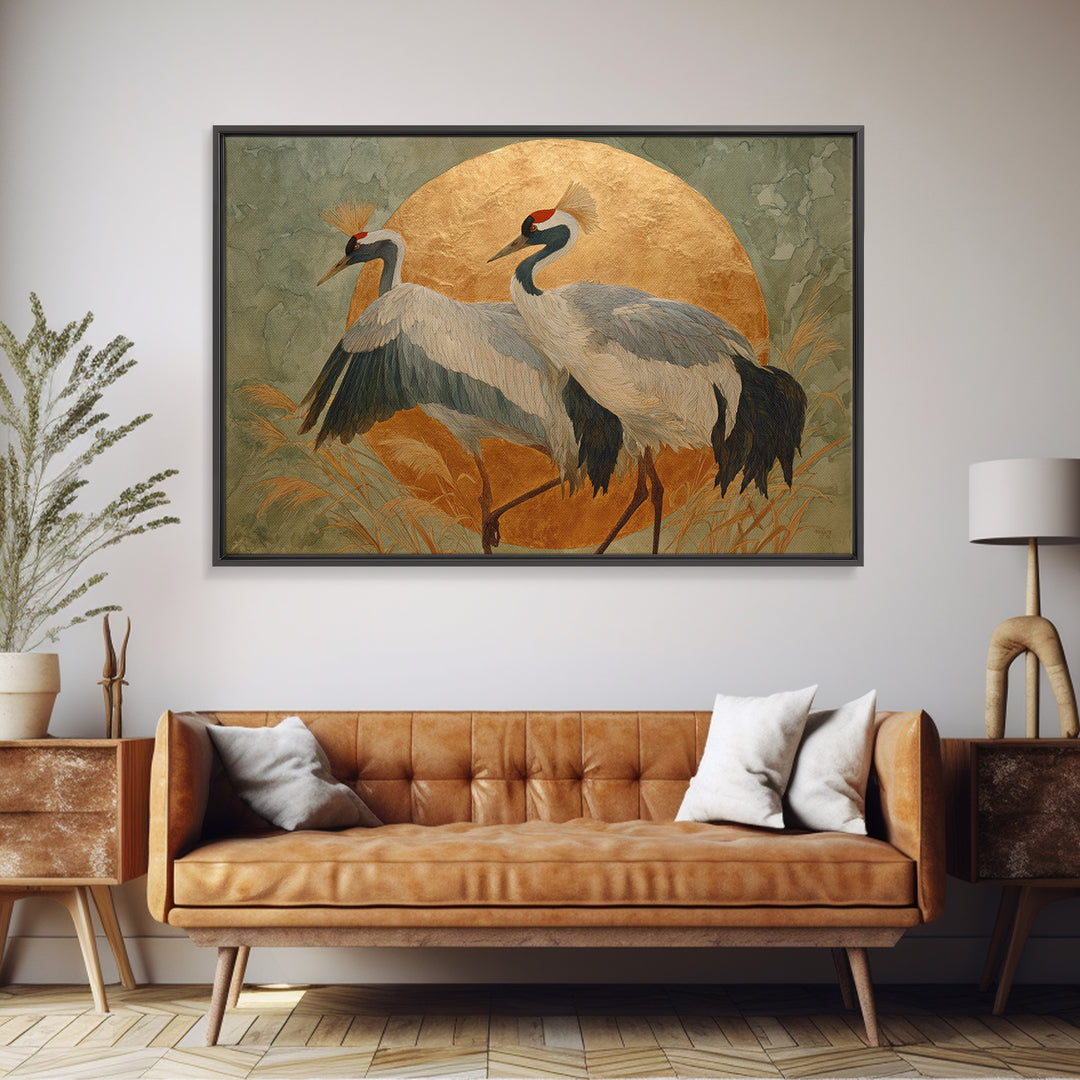 Pair of Cranes Dancing Framed Canvas Print, Bird Art, Digital Prints, Living Room Decor, Oil Painting, Flight, Modern Art, BIR-3x2-55