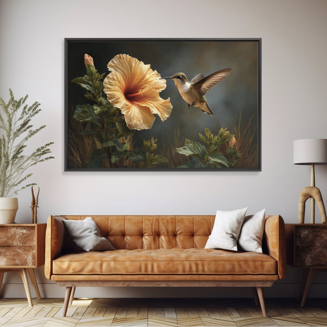 Hummingbird Hovering Beside Bright Hibiscus Canvas Print, Bird Art, Floral Art, Living Room Decor, Fine Art, Flight, BIR-3x2-56