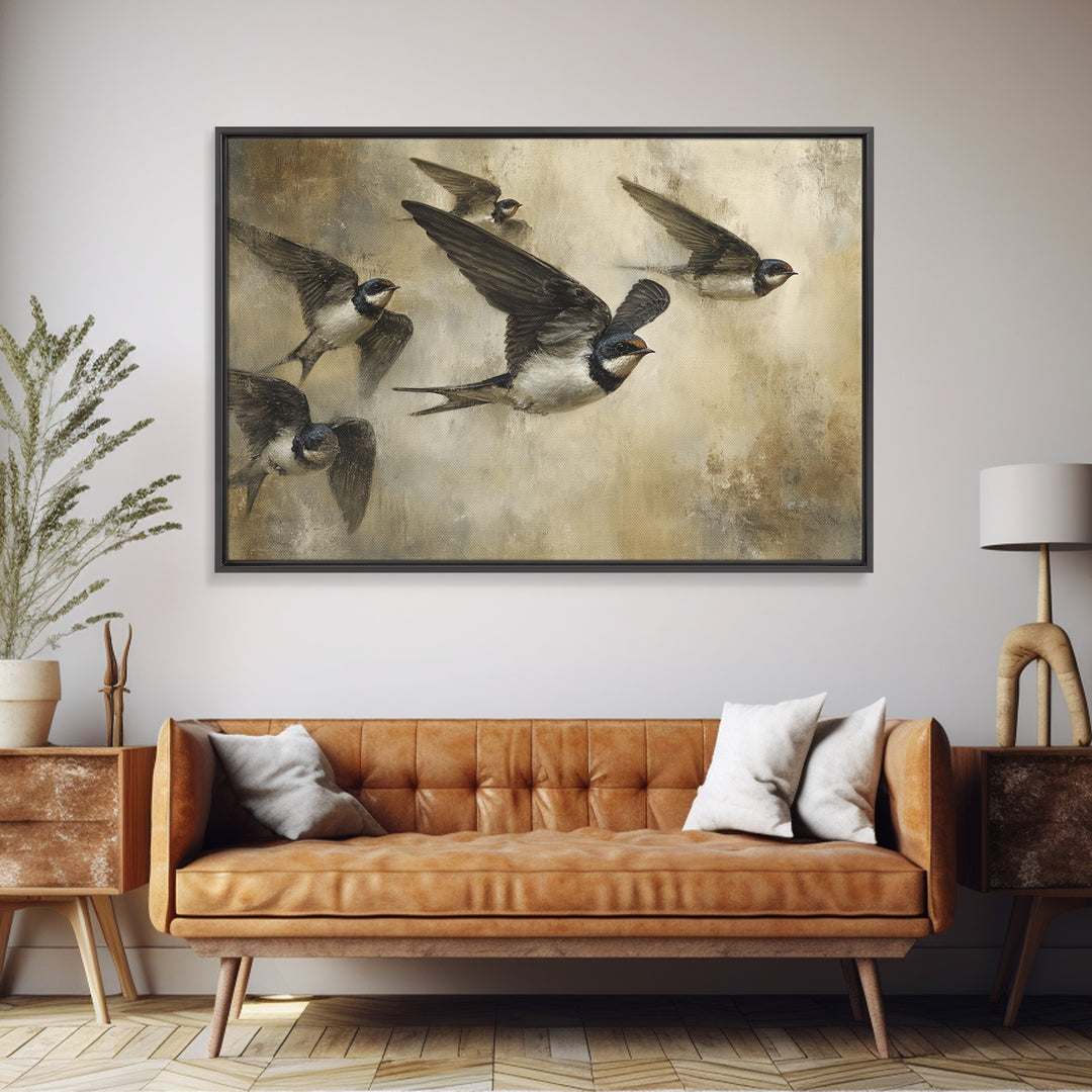 Flock of Swallows Sweeping Across Open Sky Canvas Print, Bird Art, Botanical Wall Art, Living Room Decor, Watercolor Art, BIR-3x2-58