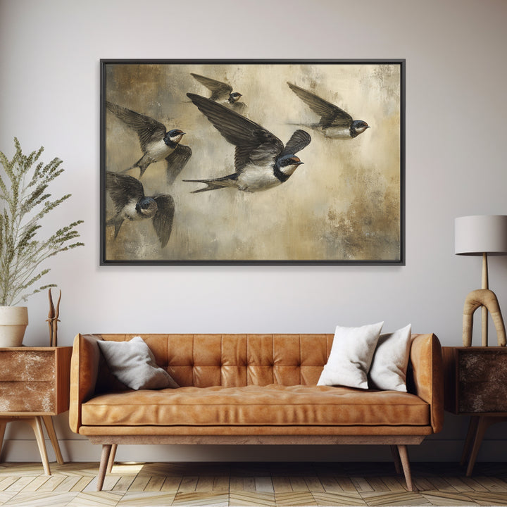 Flock of Swallows Sweeping Across Open Sky Canvas Print, Bird Art, Botanical Wall Art, Living Room Decor, Watercolor Art, BIR-3x2-58