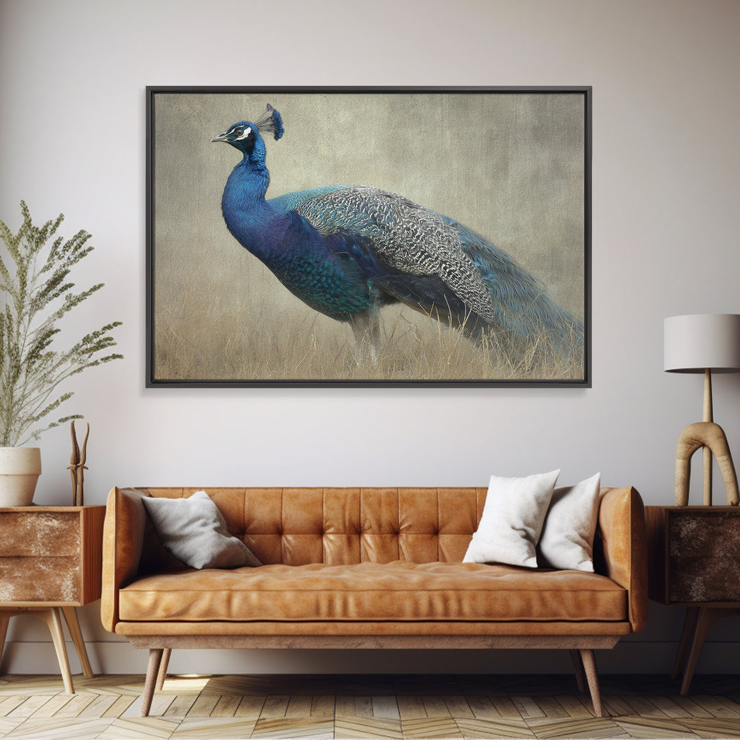 Peacock with Jewel Tone Feather Pattern Framed Canvas Print, Bird Art, Art Print, Living Room Decor, Oil Painting, Flight, BIR-3x2-59