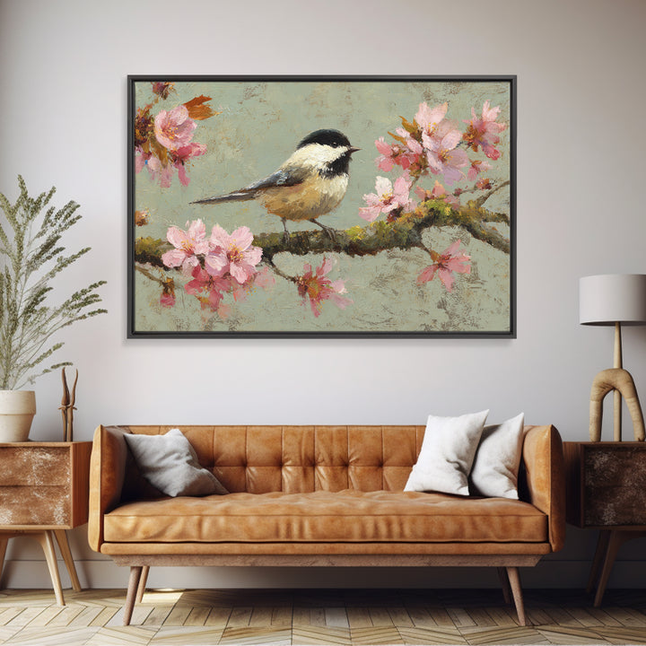 Songbird Perched on Cherry Blossoms Framed Canvas Print, Bird Art, Forest Wall Art, Living Room Decor, Fine Art, Flight, BIR-3x2-60