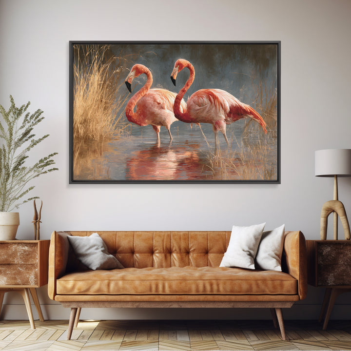 Flamingo Pair in Coral Water Reflections Canvas Print, Bird Art, Japanese Wall Art, Living Room Decor, Fine Art, Flight, BIR-3x2-62