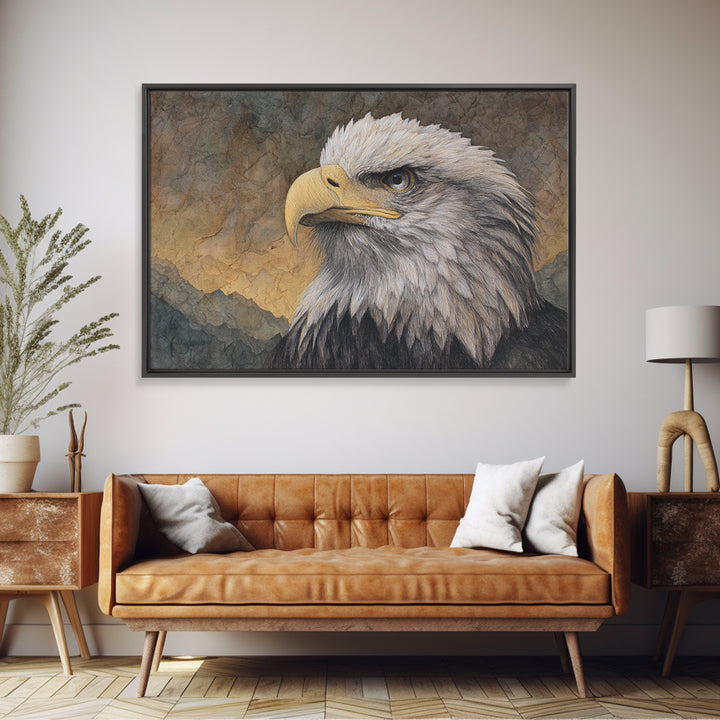 Eagle Portrait with Dramatic Mountain Wind Framed Canvas Print, Bird Art, Gallery Decor, Living Room Decor, Fine Art, Flight, BIR-3x2-64