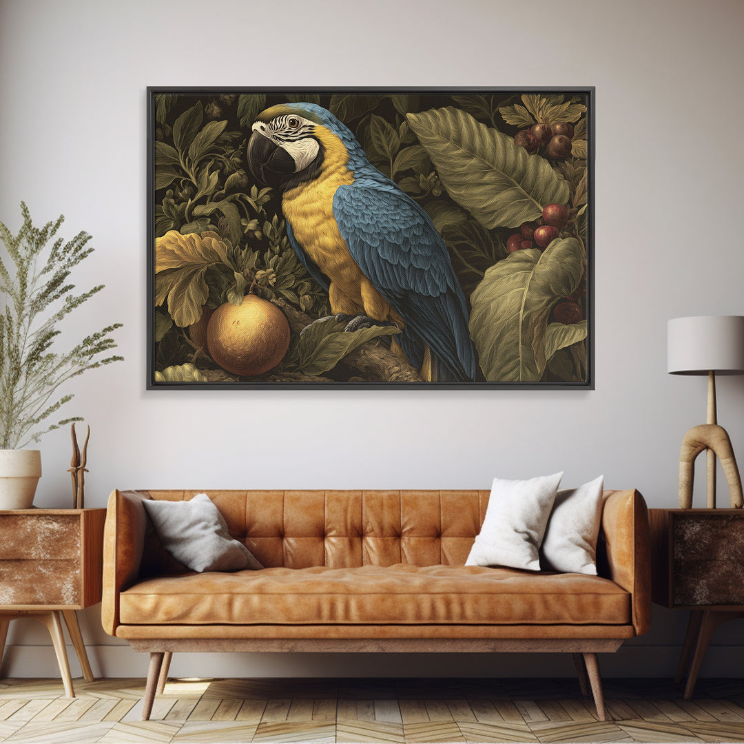 Parrot Among Tropical Leaves and Fruit Framed Canvas Print, Bird Art, Digital Download Art, Living Room Decor, Watercolor Art, BIR-3x2-65