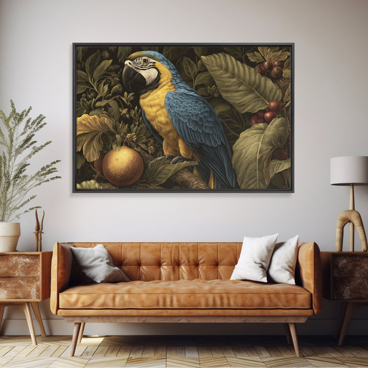 Parrot Among Tropical Leaves and Fruit Framed Canvas Print, Bird Art, Digital Download Art, Living Room Decor, Watercolor Art, BIR-3x2-65