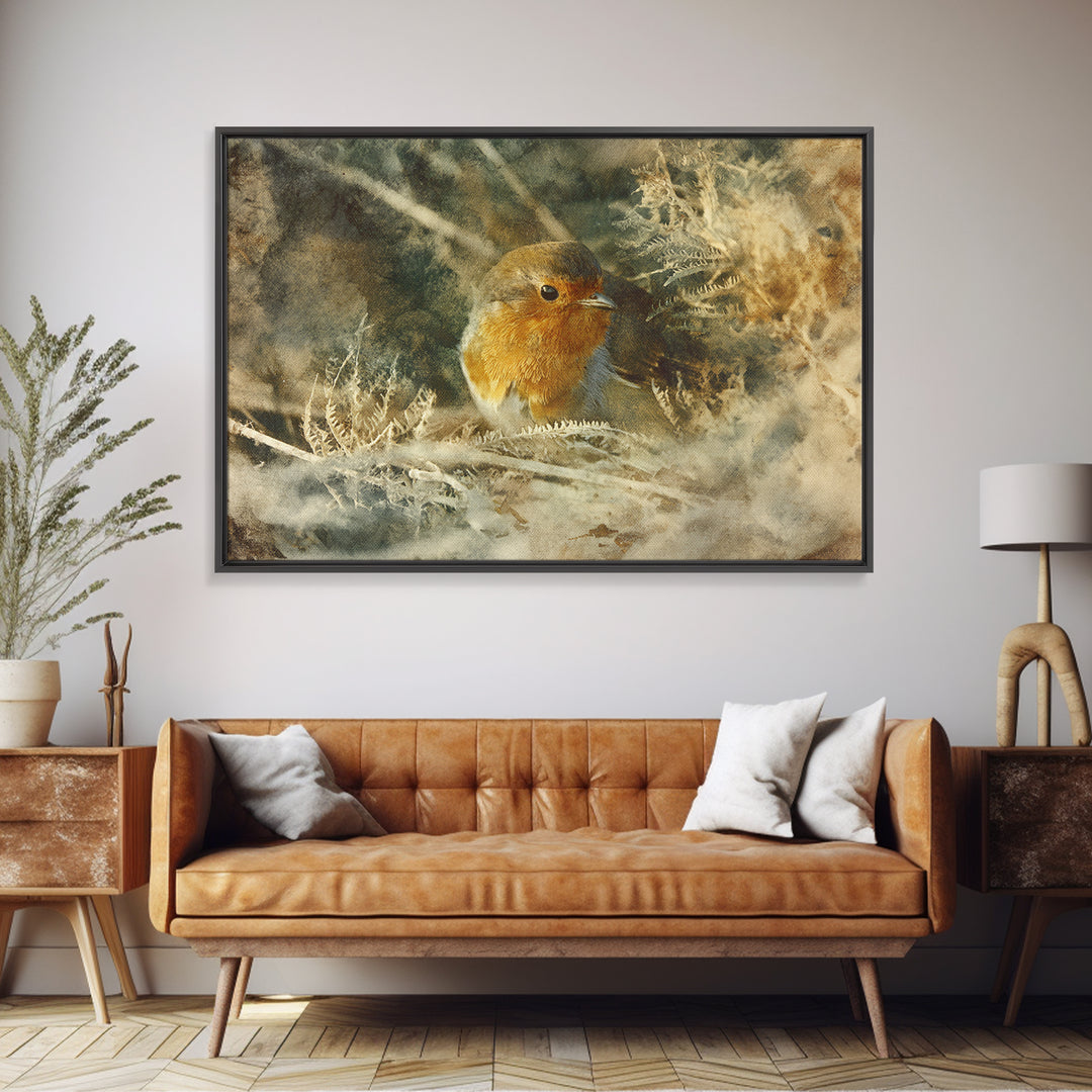 Robin in a Spring Garden with Soft Canvas Print, Bird Art, Textured Painting, Living Room Decor, Watercolor Art, Flight, BIR-3x2-67