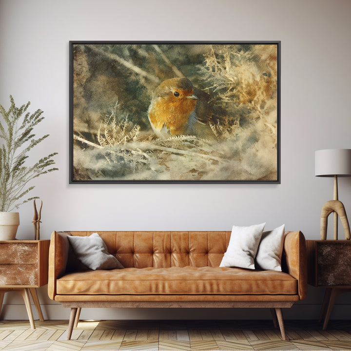 Robin in a Spring Garden with Soft Canvas Print, Bird Art, Textured Painting, Living Room Decor, Watercolor Art, Flight, BIR-3x2-67