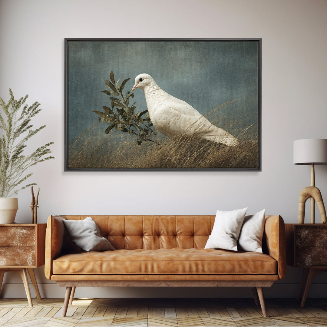 White Dove with Olive Branch and Calm Canvas Print, Bird Art, Neutral Decor, Living Room Decor, Oil Painting, Flight, BIR-3x2-68