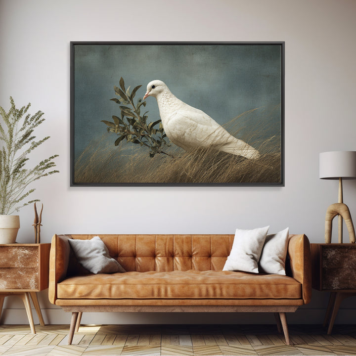 White Dove with Olive Branch and Calm Canvas Print, Bird Art, Neutral Decor, Living Room Decor, Oil Painting, Flight, BIR-3x2-68