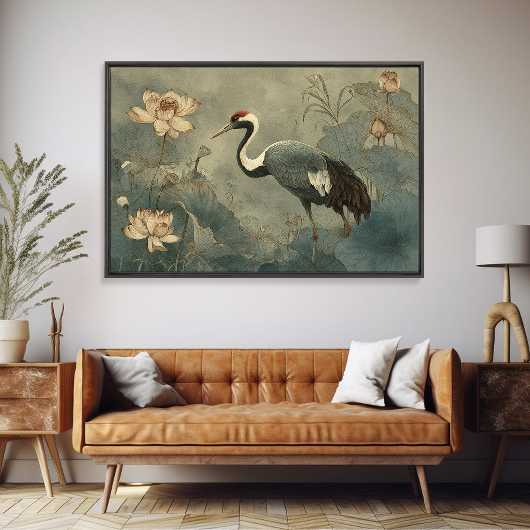 Crane and Lotus Composition Framed Canvas Print, Bird Art, Nature Prints, Living Room Decor, Fine Art, Flight, Boho Decor, BIR-3x2-69