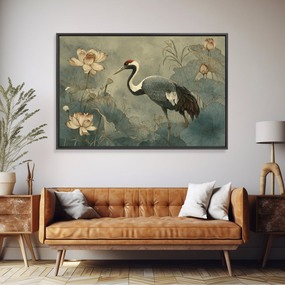 Crane and Lotus Composition Framed Canvas Print, Bird Art, Nature Prints, Living Room Decor, Fine Art, Flight, Boho Decor, BIR-3x2-69