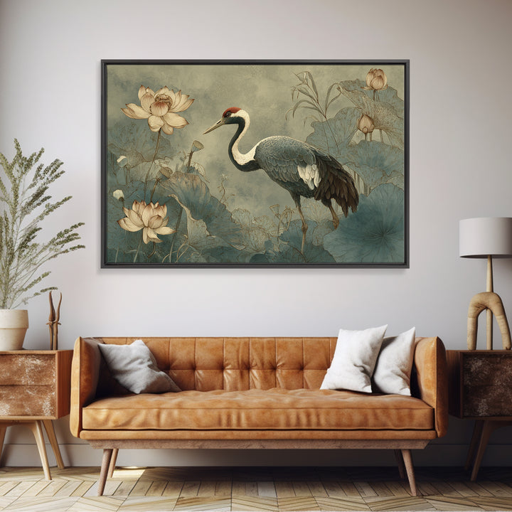 Crane and Lotus Composition Framed Canvas Print, Bird Art, Nature Prints, Living Room Decor, Fine Art, Flight, Boho Decor, BIR-3x2-69