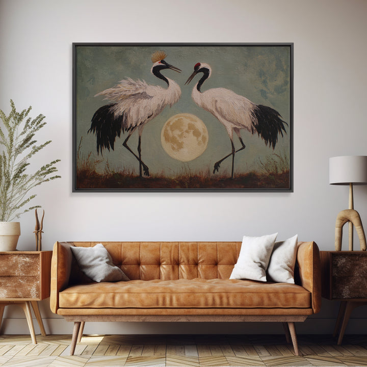 Pair of Cranes Dancing Framed Canvas Print, Bird Art, Home Decor, Living Room Decor, Abstract Art, Flight, Modern Wall Art, BIR-3x2-7