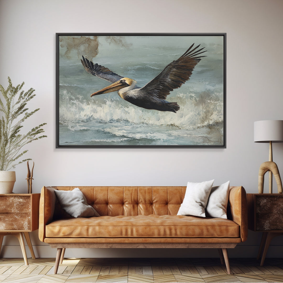 Pelican Flying over Coastal Waves Framed Canvas Print, Bird Art, Boho Wall Decor, Living Room Decor, Fine Art, Flight, BIR-3x2-70