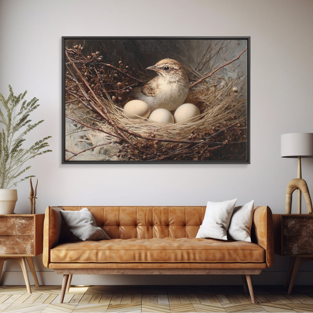 Bird Nest with Eggs and Delicate Twigs Framed Canvas Print, Bird Art, Living Room Decor, Oil Painting, Flight, BIR-3x2-74