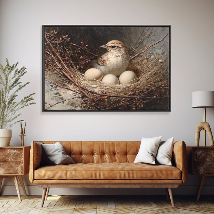 Bird Nest with Eggs and Delicate Twigs Framed Canvas Print, Bird Art, Living Room Decor, Oil Painting, Flight, BIR-3x2-74