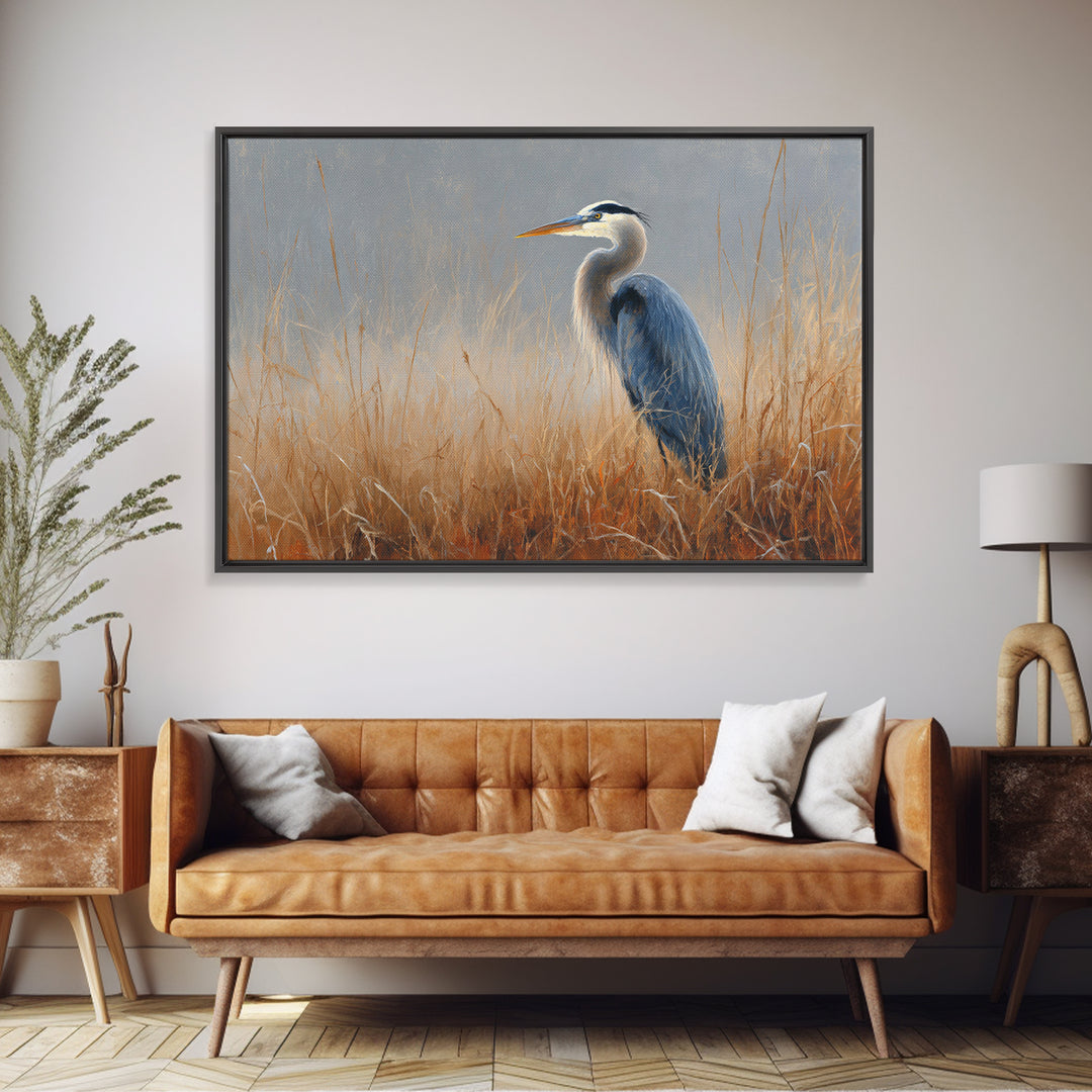 Blue Heron in Misty Marsh Grass Framed Canvas Print, Bird Art, Digital Download Art, Living Room Decor, Fine Art, Flight, BIR-3x2-78