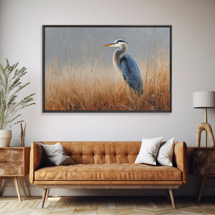 Blue Heron in Misty Marsh Grass Framed Canvas Print, Bird Art, Digital Download Art, Living Room Decor, Fine Art, Flight, BIR-3x2-78