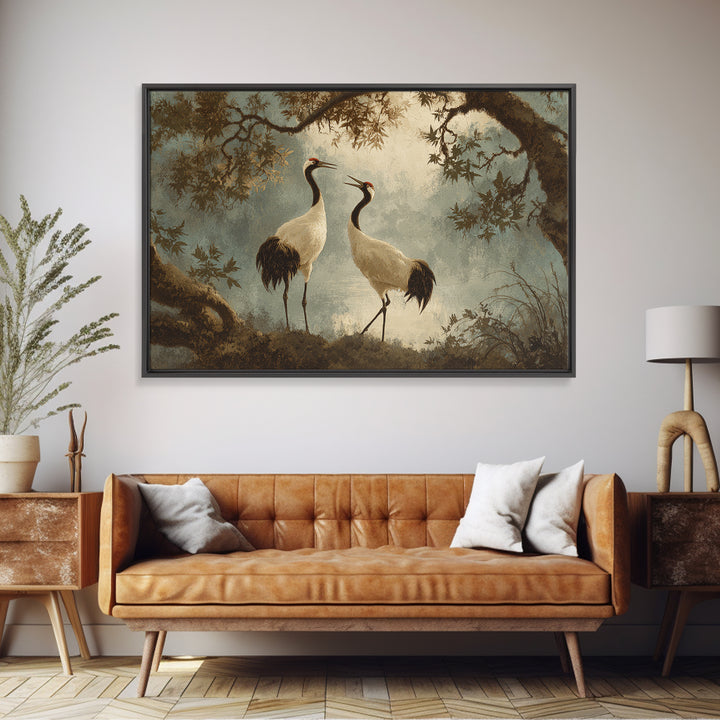 Pair of Cranes Dancing Framed Canvas Print, Bird Art, Bird Wall Art, Living Room Decor, Watercolor Art, Flight, Art Print, BIR-3x2-79