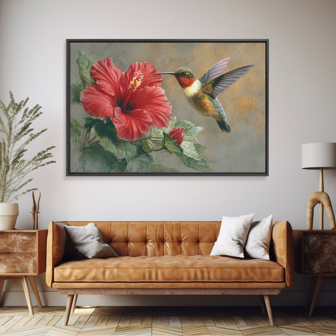Hummingbird Hovering Beside Bright Hibiscus Framed Canvas Print, Bird Art, Watercolor Painting, Living Room Decor, Oil Painting, BIR-3x2-8