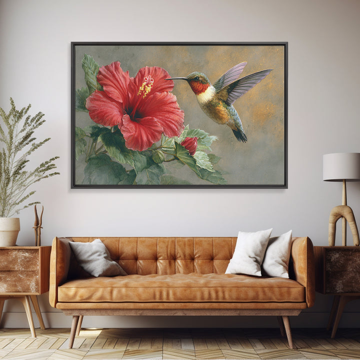 Hummingbird Hovering Beside Bright Hibiscus Framed Canvas Print, Bird Art, Watercolor Painting, Living Room Decor, Oil Painting, BIR-3x2-8
