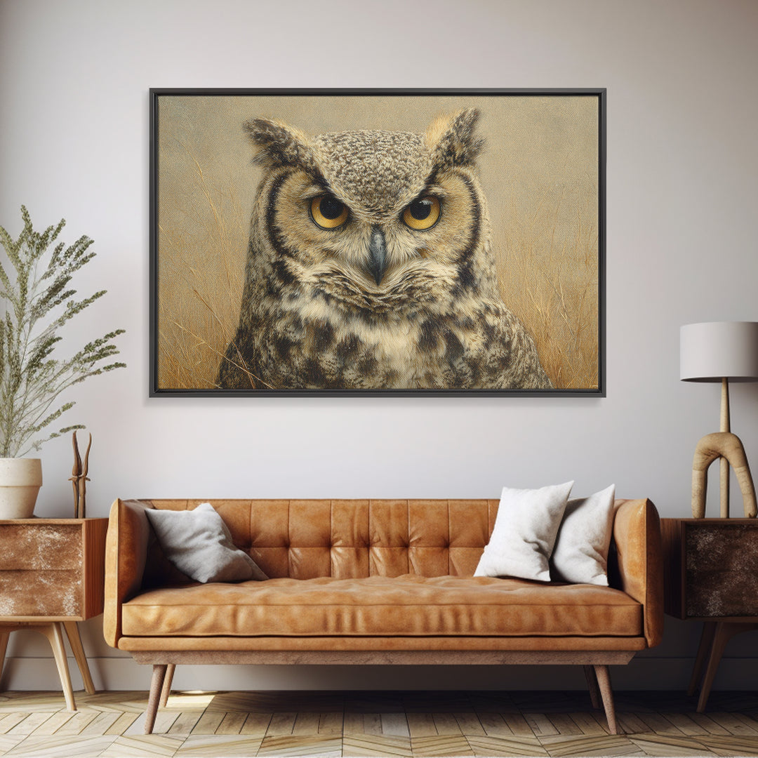 Owl Portrait with Wise Golden Eyes Framed Canvas Print, Bird Art, Bird Wall Art, Living Room Decor, Oil Painting, Flight, BIR-3x2-81