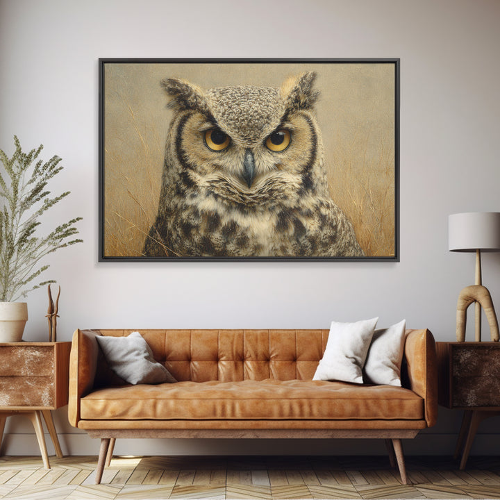 Owl Portrait with Wise Golden Eyes Framed Canvas Print, Bird Art, Bird Wall Art, Living Room Decor, Oil Painting, Flight, BIR-3x2-81