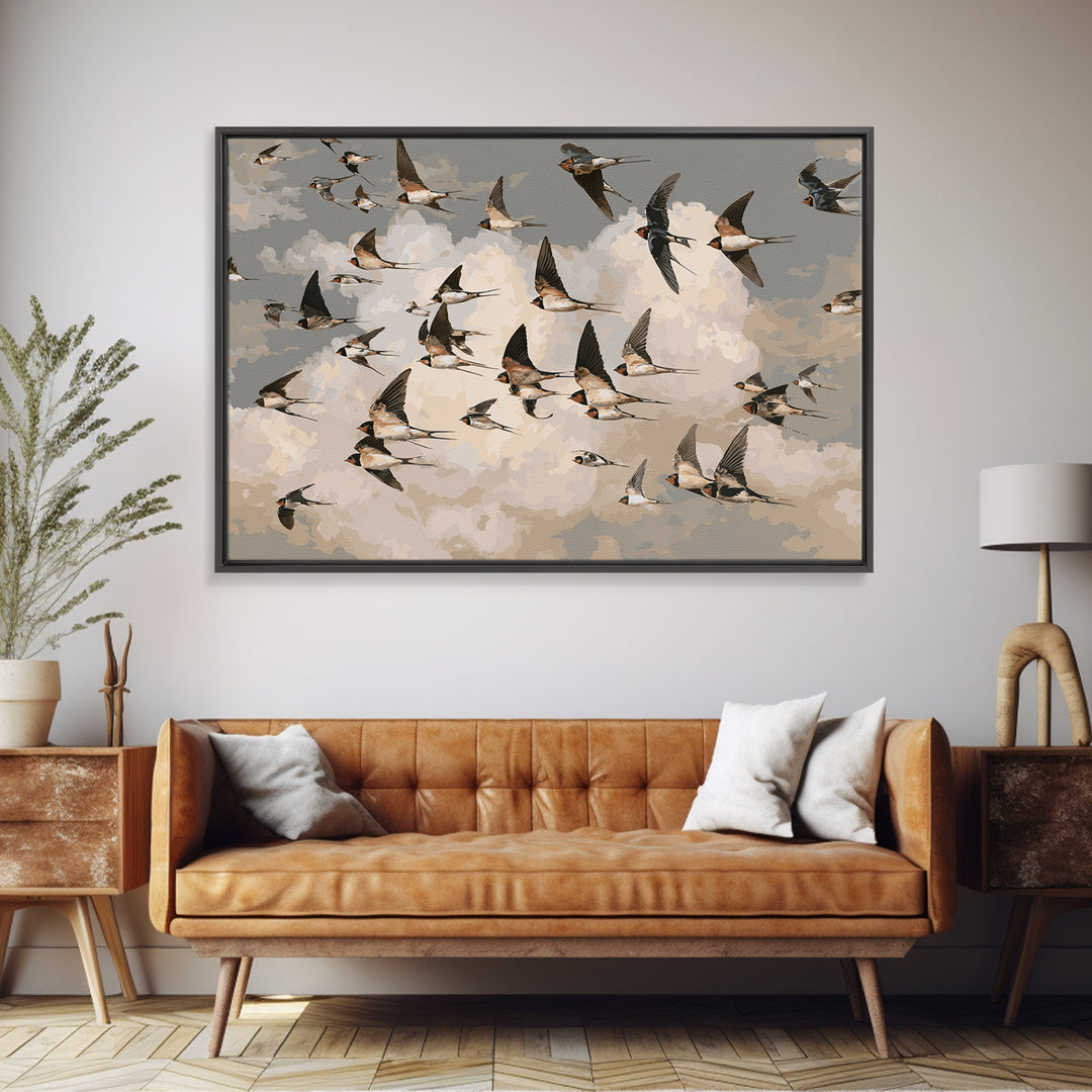 Flock of Swallows Sweeping Across Open Sky Framed Canvas Print, Bird Art, Nature Prints, Living Room Decor, Oil Painting, BIR-3x2-82