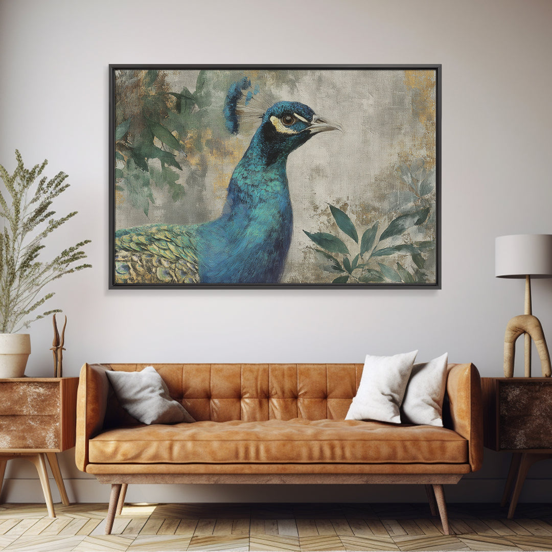 Peacock with Jewel Tone Feather Pattern Canvas Print, Bird Art, Wall Art, Living Room Decor, Flight, Japanese Wall Art, BIR-3x2-83