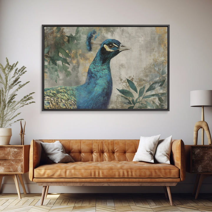 Peacock with Jewel Tone Feather Pattern Canvas Print, Bird Art, Wall Art, Living Room Decor, Flight, Japanese Wall Art, BIR-3x2-83