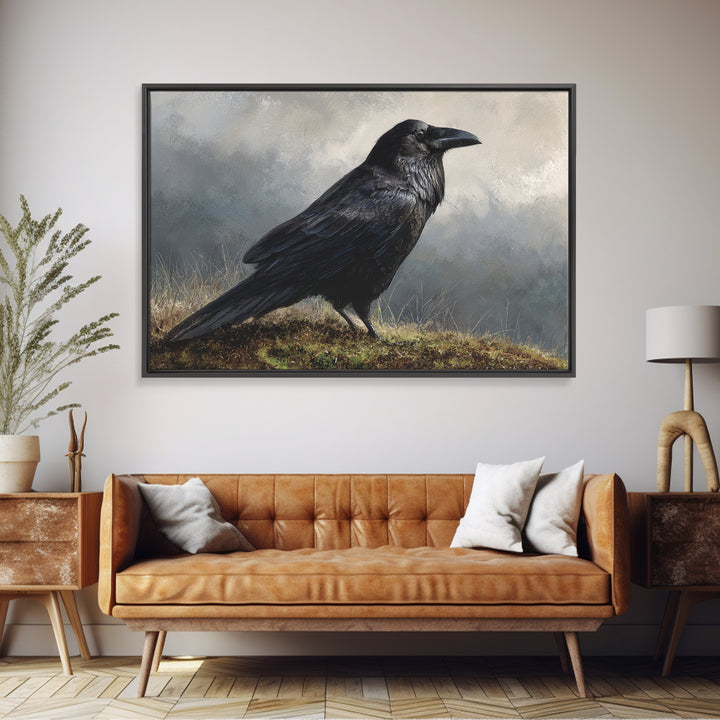 Raven Silhouette with Gothic Atmosphere Framed Canvas Print, Bird Art, Nature Wall Art, Living Room Decor, Fine Art, Flight, BIR-3x2-85