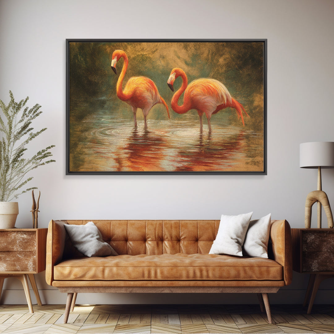 Flamingo Pair in Coral Water Reflections Framed Canvas Print, Bird Art, Gallery Wall, Living Room Decor, Fine Art, Flight, BIR-3x2-86