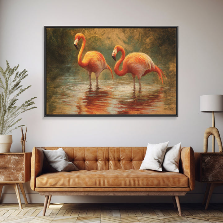 Flamingo Pair in Coral Water Reflections Framed Canvas Print, Bird Art, Gallery Wall, Living Room Decor, Fine Art, Flight, BIR-3x2-86