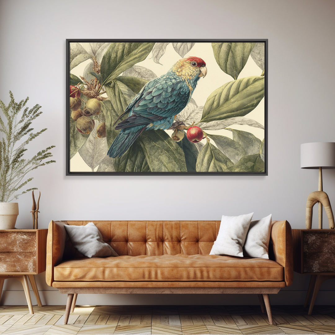 Parrot Among Tropical Leaves and Fruit Canvas Print, Bird Art, Rustic Home Decor, Living Room Decor, Oil Painting, Flight, BIR-3x2-89