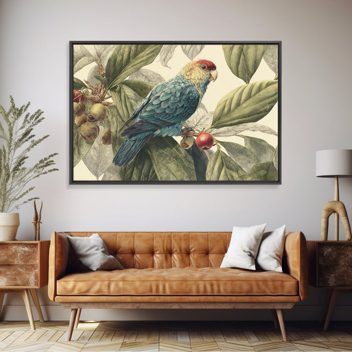 Parrot Among Tropical Leaves and Fruit Canvas Print, Bird Art, Rustic Home Decor, Living Room Decor, Oil Painting, Flight, BIR-3x2-89