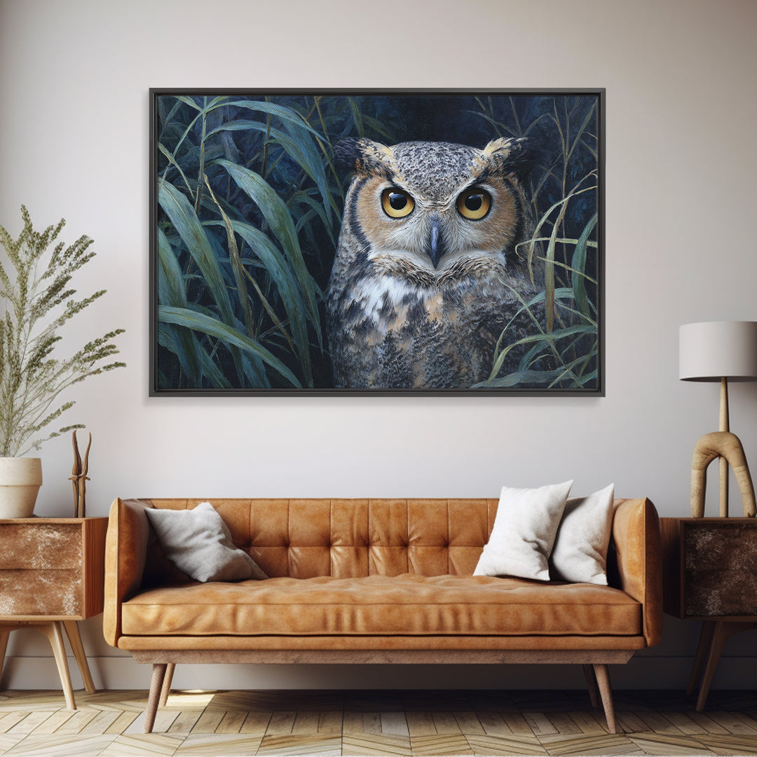 Owl Portrait with Wise Golden Eyes Framed Canvas Print, Bird Art, Boho Wall Decor, Living Room Decor, Fine Art, Flight, BIR-3x2-9