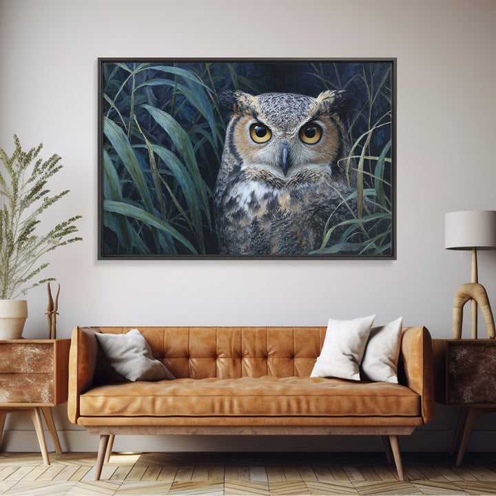 Owl Portrait with Wise Golden Eyes Framed Canvas Print, Bird Art, Boho Wall Decor, Living Room Decor, Fine Art, Flight, BIR-3x2-9