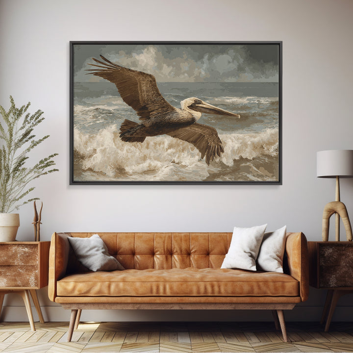 Pelican Flying over Coastal Waves Canvas Print, Bird Art, Bird Prints, Living Room Decor, Abstract Art, Flight, Modern Decor, BIR-3x2-94