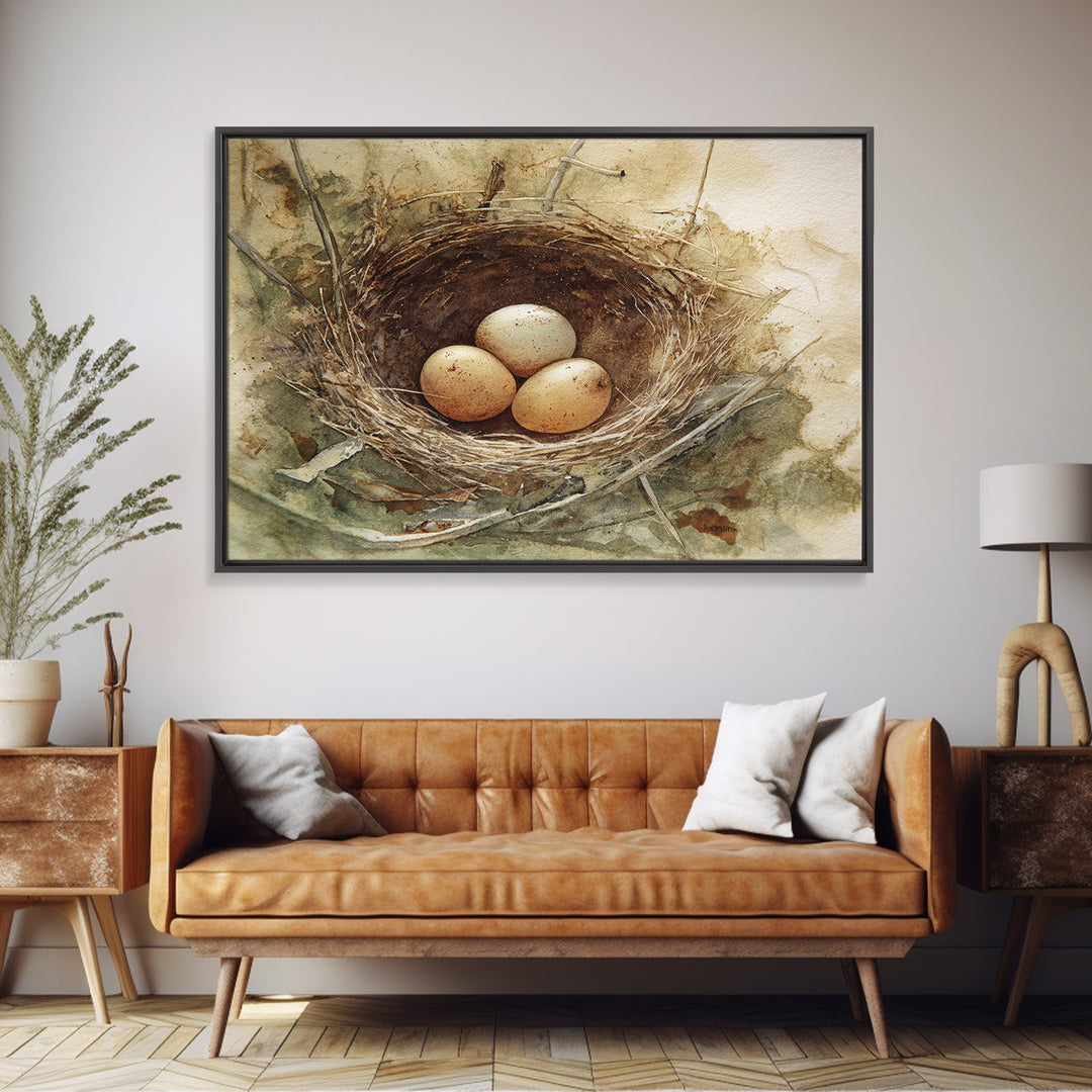 Bird Nest with Eggs and Delicate Twigs Canvas Print, Bird Art, Mid Century Wall Art, Living Room Decor, Fine Art, Flight, BIR-3x2-98