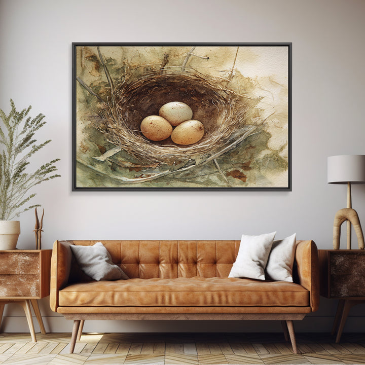 Bird Nest with Eggs and Delicate Twigs Canvas Print, Bird Art, Mid Century Wall Art, Living Room Decor, Fine Art, Flight, BIR-3x2-98