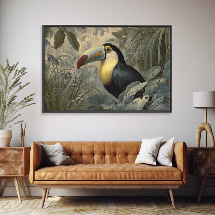 Toucan Framed by Bold Jungle Foliage Framed Canvas Print, Bird Art, Minimalist Decor, Living Room Decor, Fine Art, Flight, BIR-3x2-99
