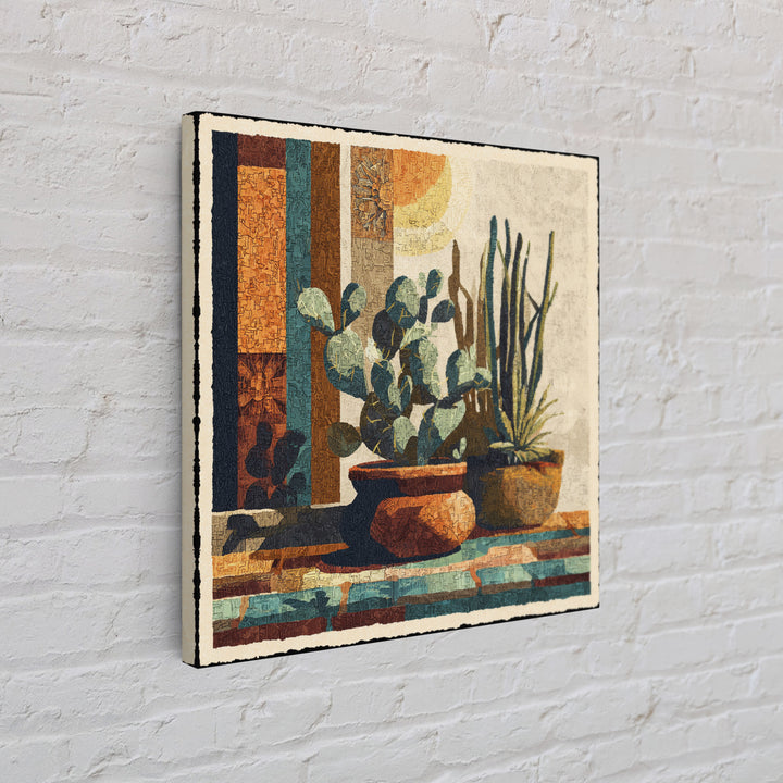 Desert Sun with Cactus and Warm Clay Framed Canvas Print, Boho Art, Textured Painting, Living Room Decor, Fine Art, Bohemian, BOH-1x1-1