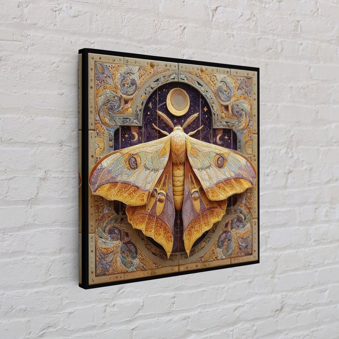 Golden Moth with Moon and Stars Canvas Print, Boho Art, Luxury Decor, Living Room Decor, Fine Art, Bohemian, Digital Art, BOH-1x1-17