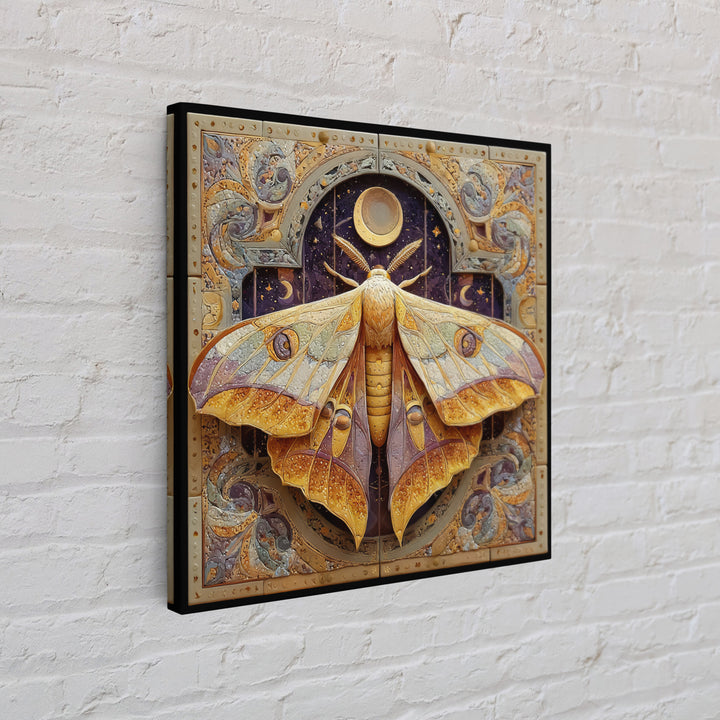 Golden Moth with Moon and Stars Canvas Print, Boho Art, Luxury Decor, Living Room Decor, Fine Art, Bohemian, Digital Art, BOH-1x1-17