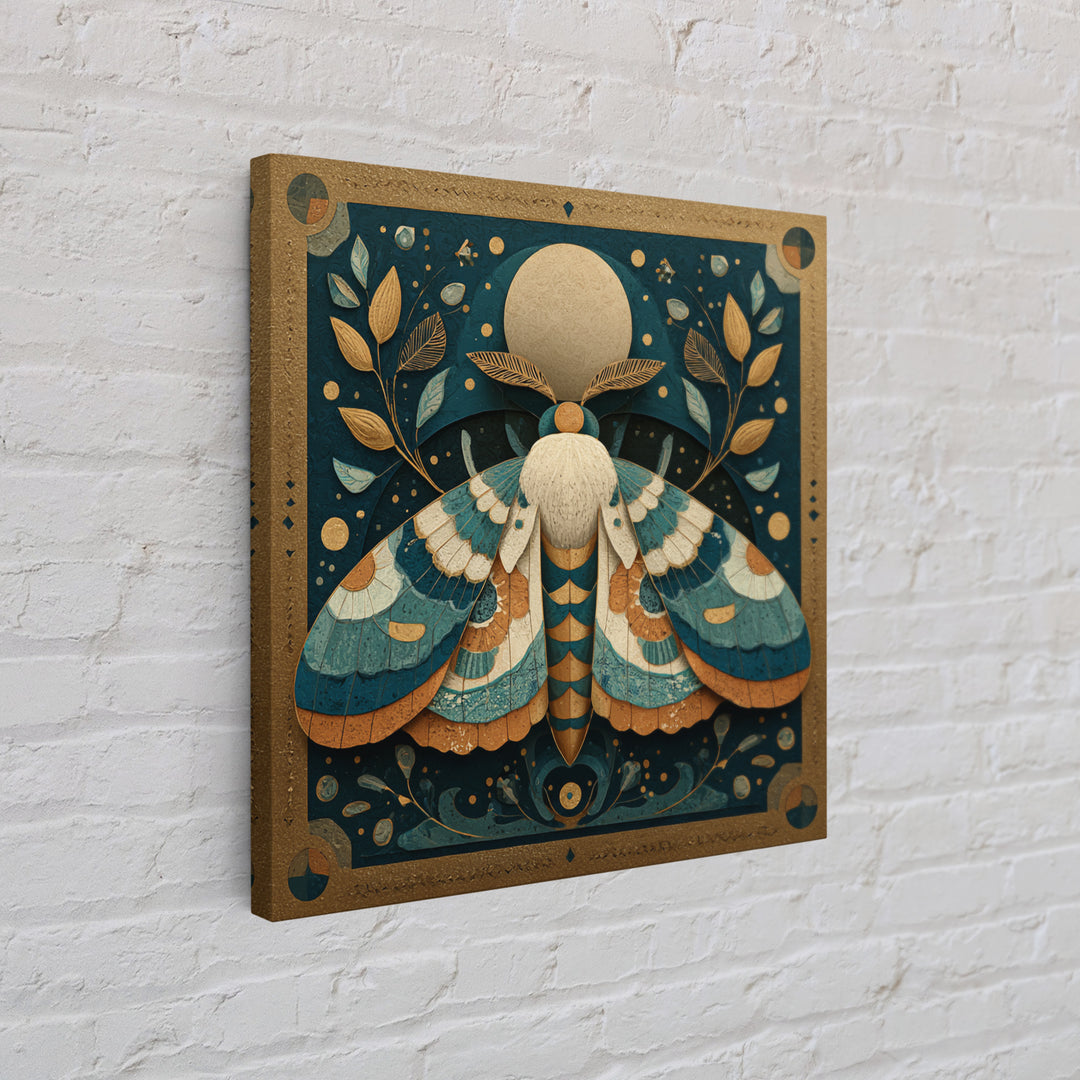 Golden Moth with Moon and Stars Framed Canvas Print, Boho Art, Wall Art, Living Room Decor, Fine Art, Bohemian, Art Deco, BOH-1x1-41