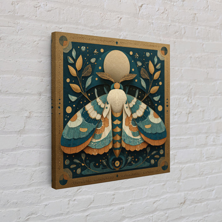 Golden Moth with Moon and Stars Framed Canvas Print, Boho Art, Wall Art, Living Room Decor, Fine Art, Bohemian, Art Deco, BOH-1x1-41