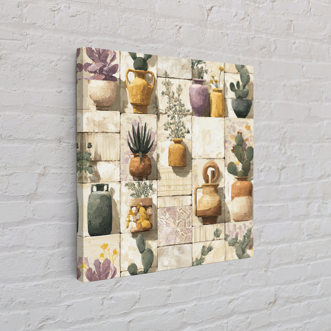 Warm Neutral Cactus Garden Illustration Framed Canvas Print, Boho Art, Wall Art Set, Living Room Decor, Fine Art, Bohemian, BOH-1x1-42